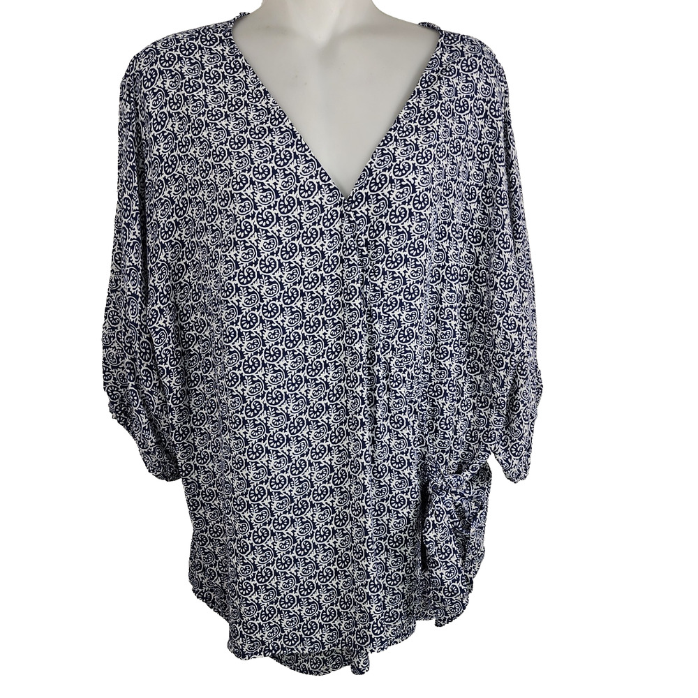 Talbots Women's Side Tie Faux Wrap Top XL Navy Blue White Geo Scroll 3/4 Dolman